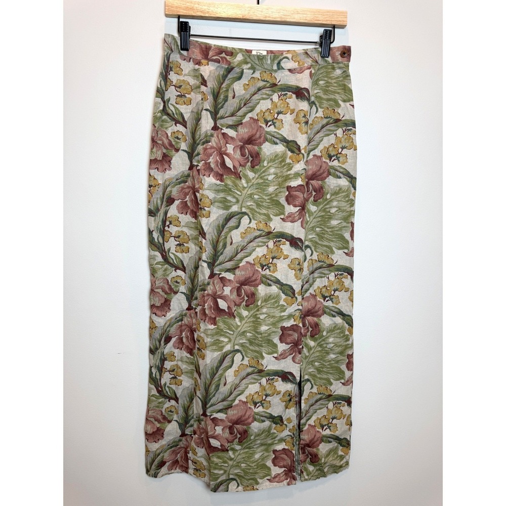 VTG Gap 100% Linen Midi Skirt Slit Muted Tropical Floral 90s Botanical 10